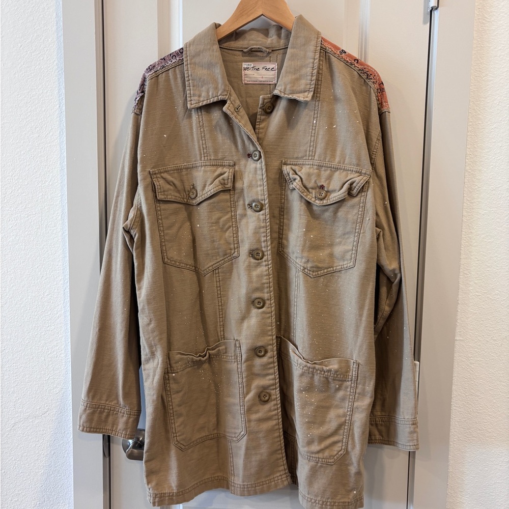 Free People Tan Utility Jacket with Embroidered Accents